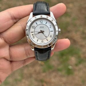 JBW Victory Diamond Bezel Chronograph Womens Watch with black leather strap